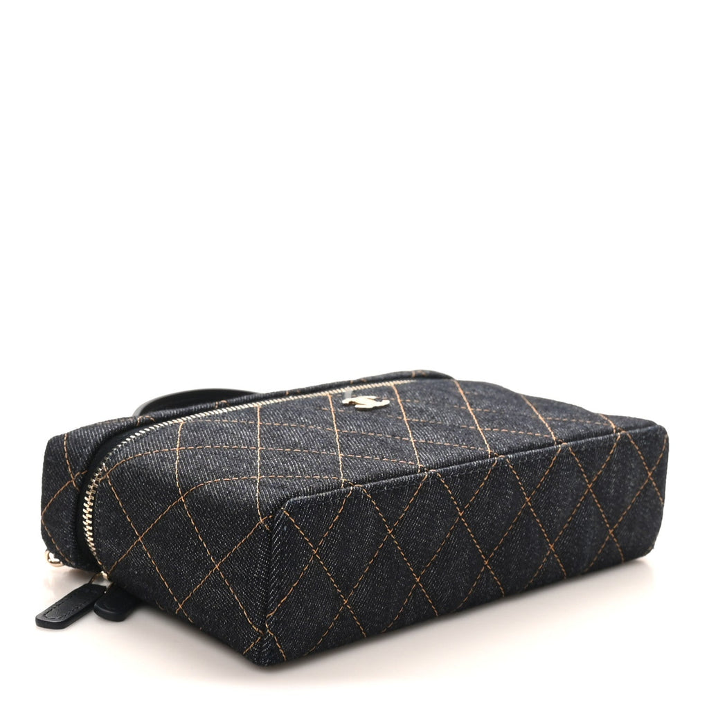 Chanel Denim Quilted Top Handle Slim Vanity Case With Chain Dark Blue Orange
