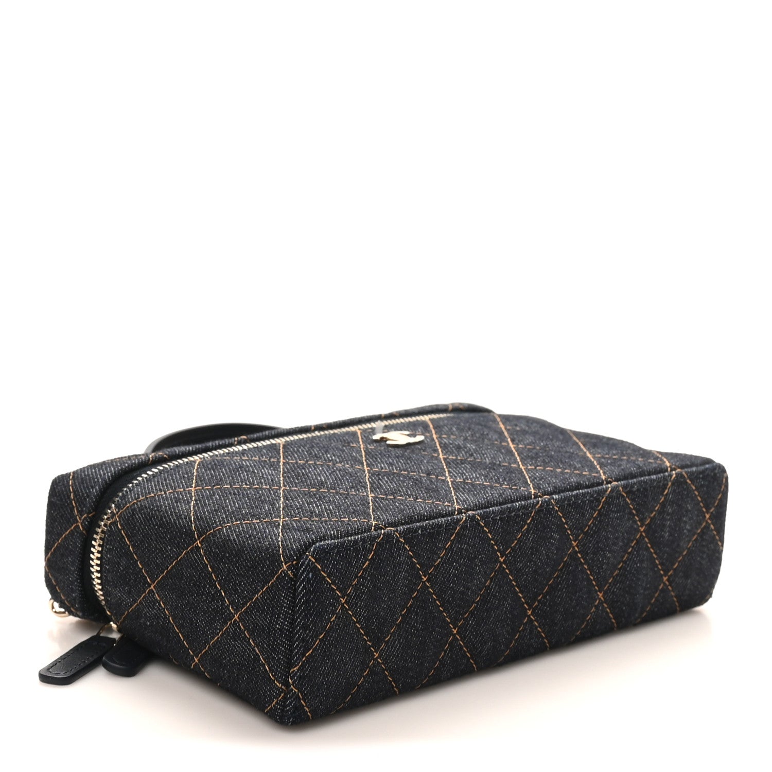 Chanel Denim Quilted Top Handle Slim Vanity Case With Chain Dark Blue Orange