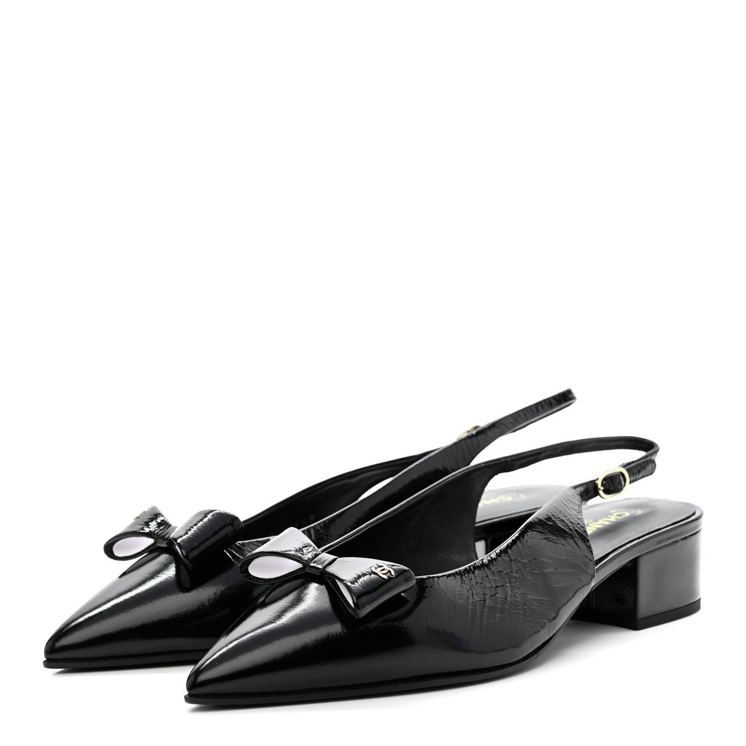 Crumpled Patent Calfskin CC Bow Slingback Pumps 38.5 Black