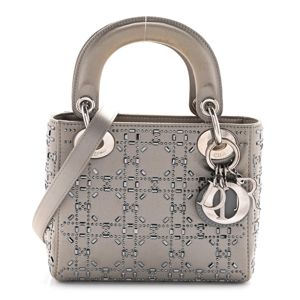 Christian Dior Satin Crystal Cannage Mini Lady Dior Gray