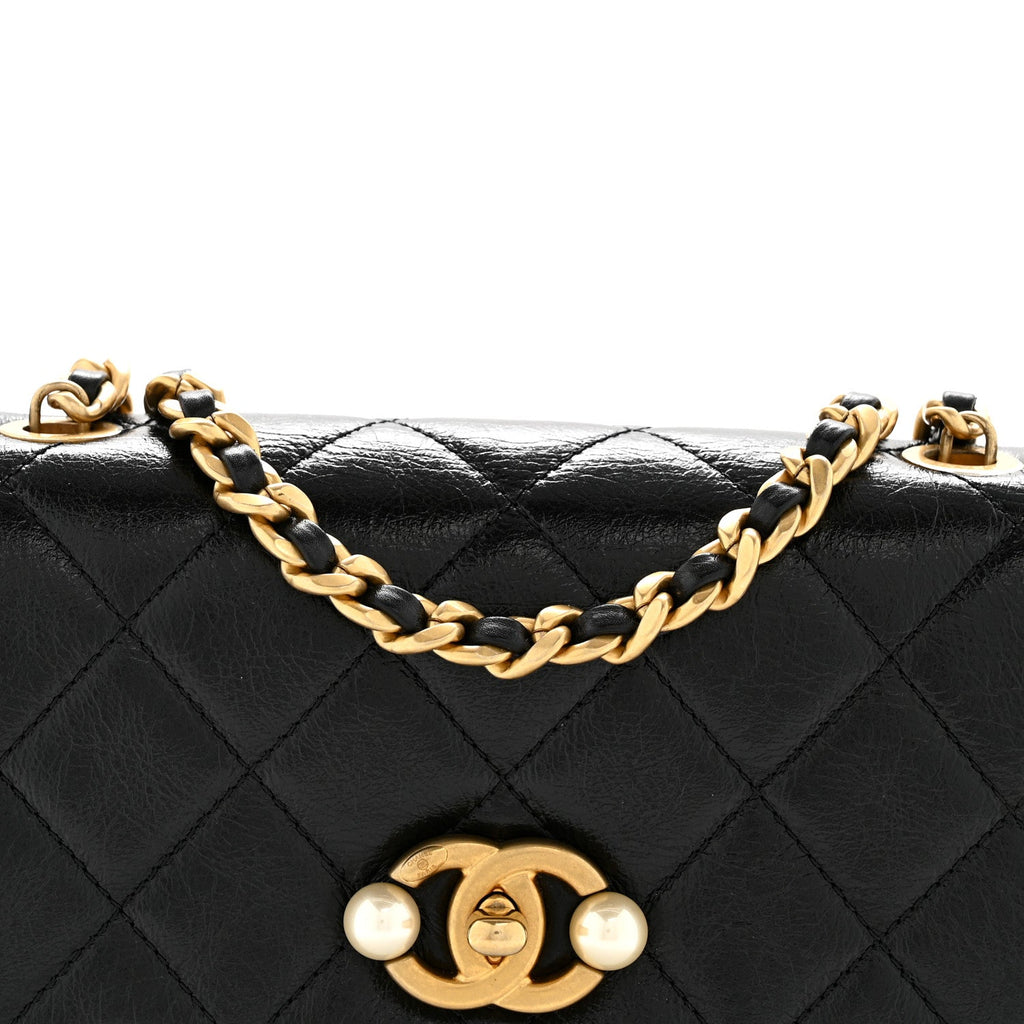 Chanel Glazed Calfskin Quilted Mini Pearl Side Flap Black