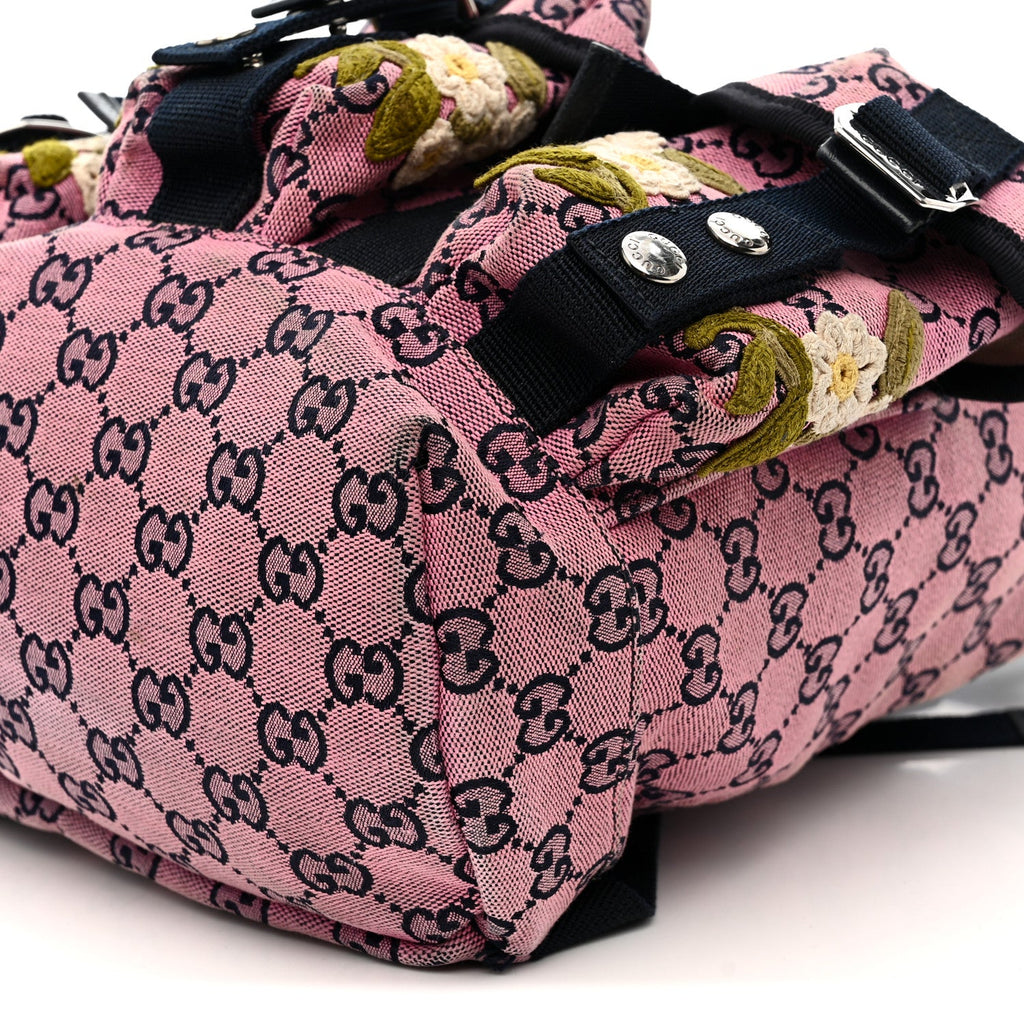 Gucci Monogram Multicolor Floral Embroidered Large Retro Interlocking G Three Pocket Backpack Pink Blue Multicolor