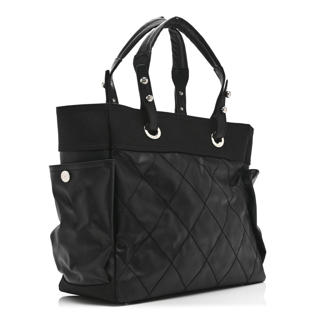Chanel Coated Canvas Quilted Large Paris Biarritz Tote Black