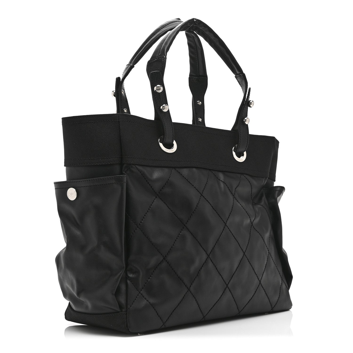 Chanel Coated Canvas Quilted Large Paris Biarritz Tote Black