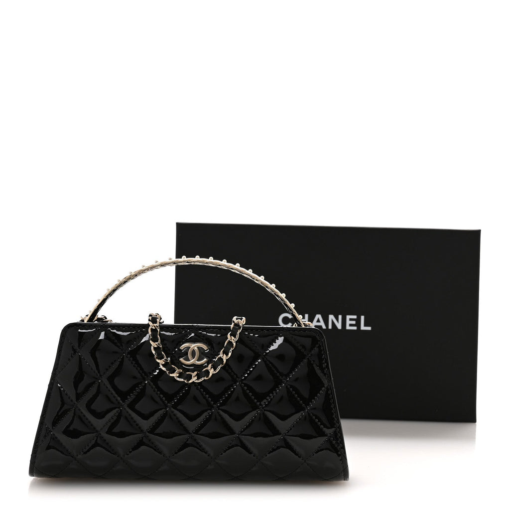 Chanel Patent Calfskin Quilted Pearl Clutch With Chain Black
