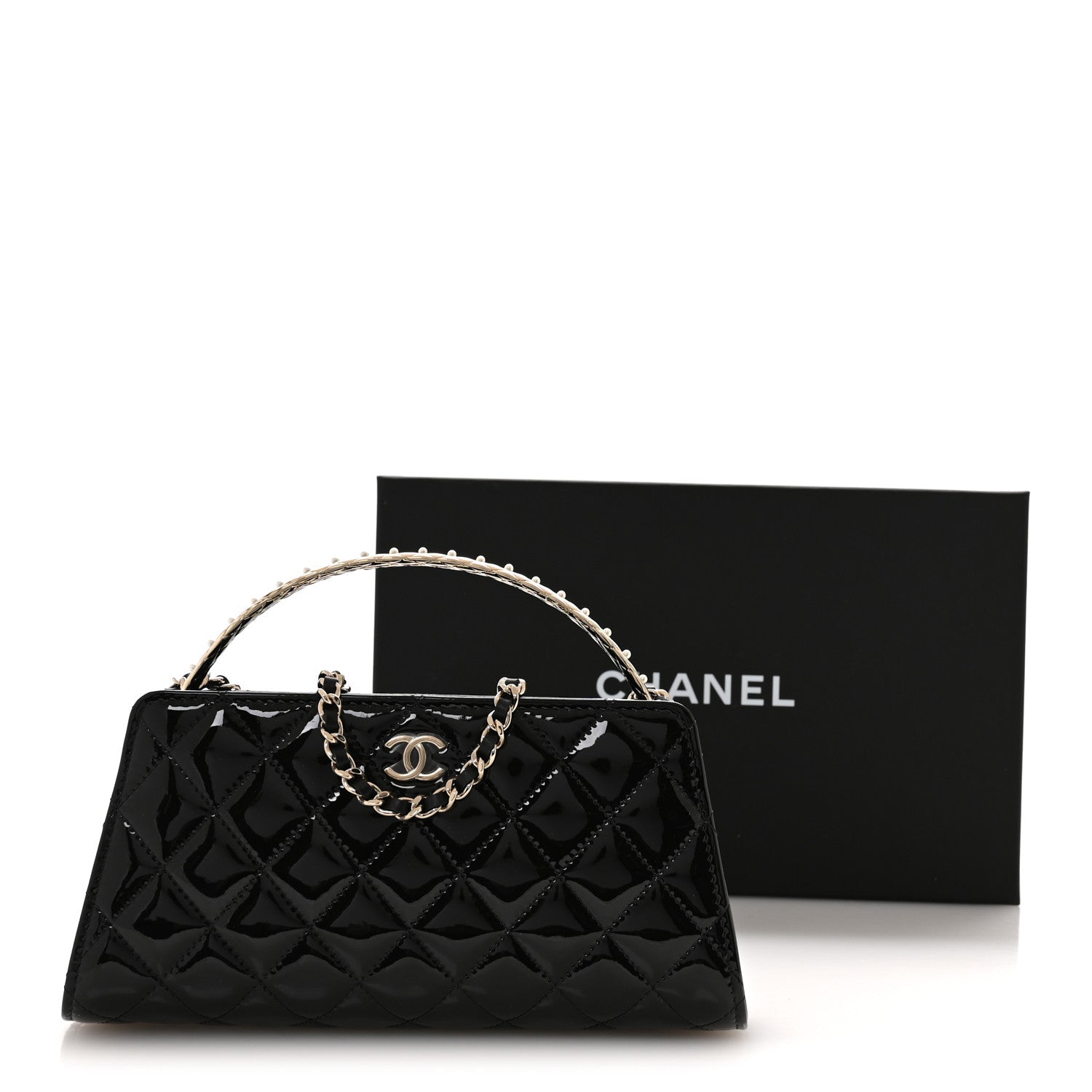 Chanel Patent Calfskin Quilted Pearl Clutch With Chain Black