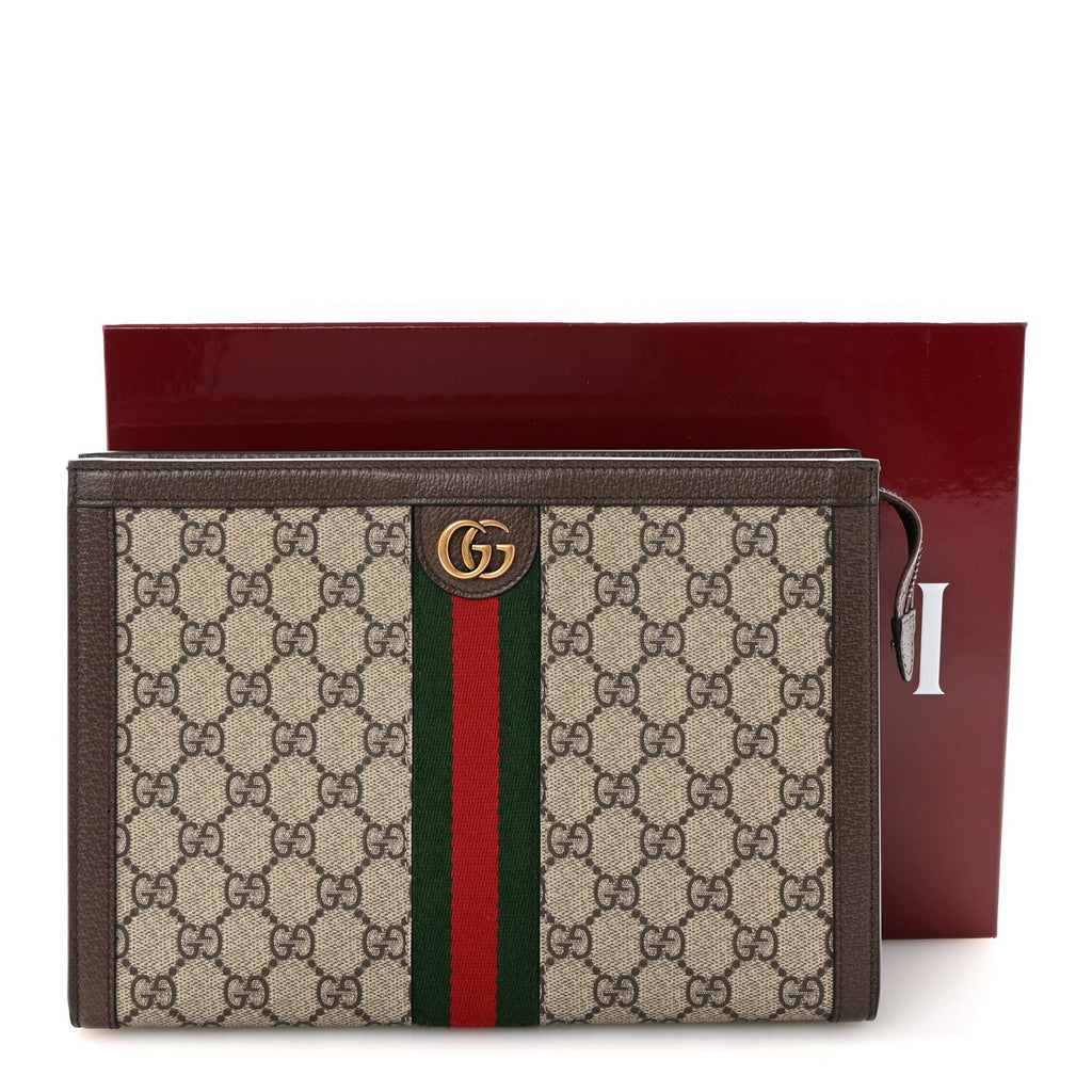 Gucci GG Supreme Monogram Textured Dollar Calfskin Web Small Ophidia Wristlet Pouch Beige Ebony New Acero
