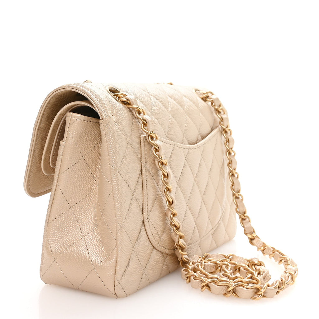 Chanel Metallic Caviar Quilted Small Double Flap Beige
