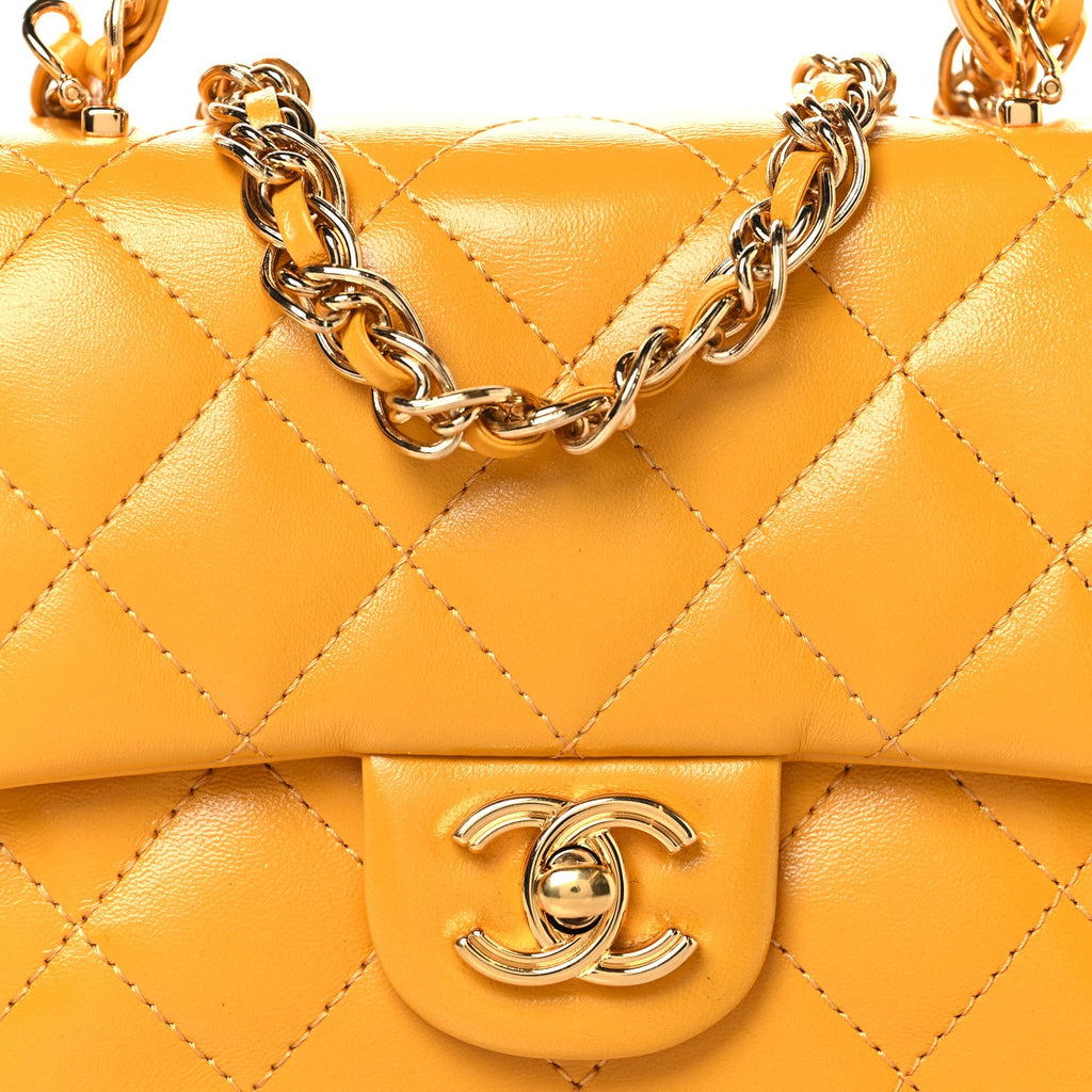Chanel Shiny Lambskin Quilted Golden Links Top Handle Flap Yellow