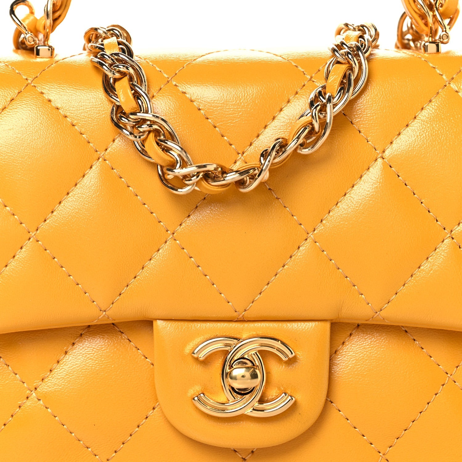 Chanel Shiny Lambskin Quilted Golden Links Top Handle Flap Yellow