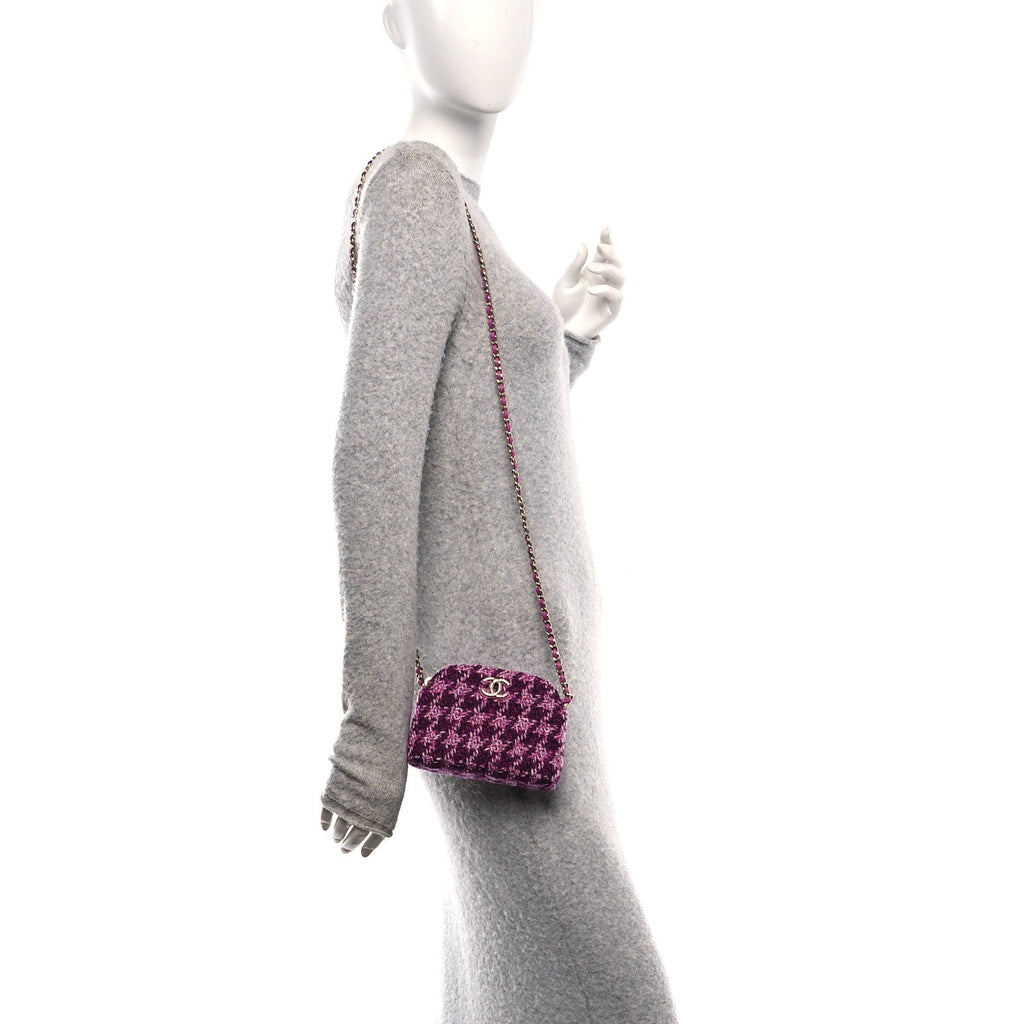 Chanel Tweed Quilted Mini Clutch With Chain Purple