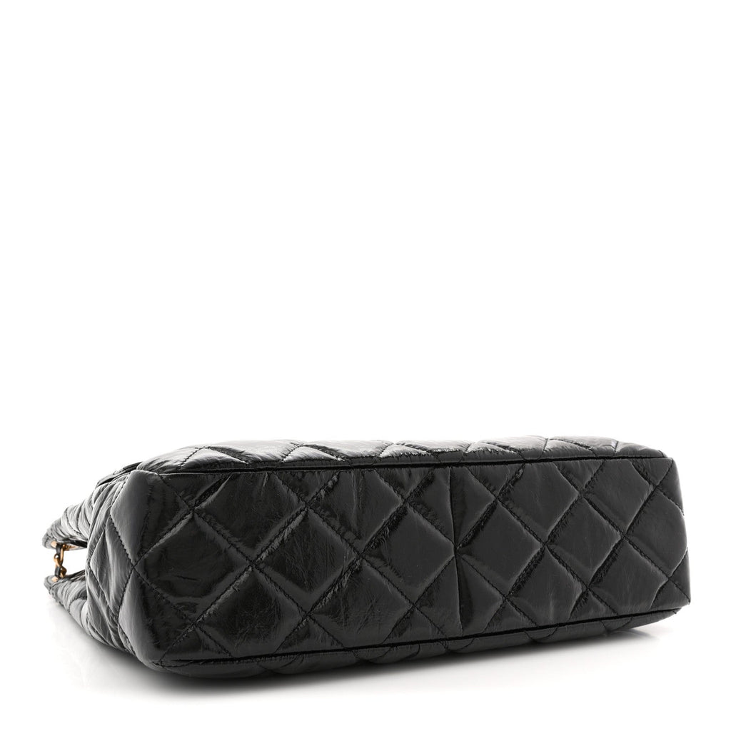 Chanel Shiny Crumpled Calfskin Quilted Large Wavy CC Hobo Black