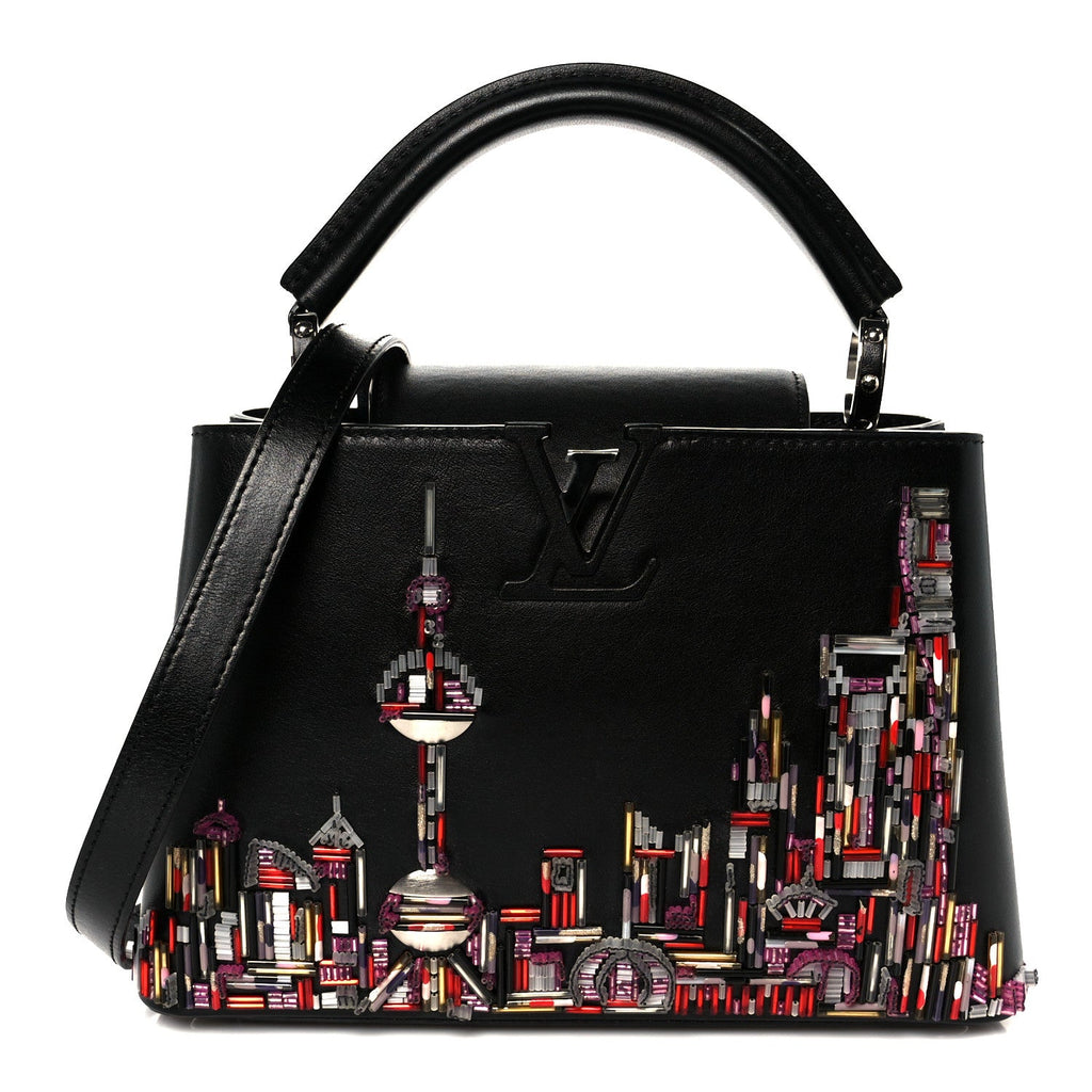Louis Vuitton Calfskin Karung Beaded Shanghai Skyline Capucines BB Black