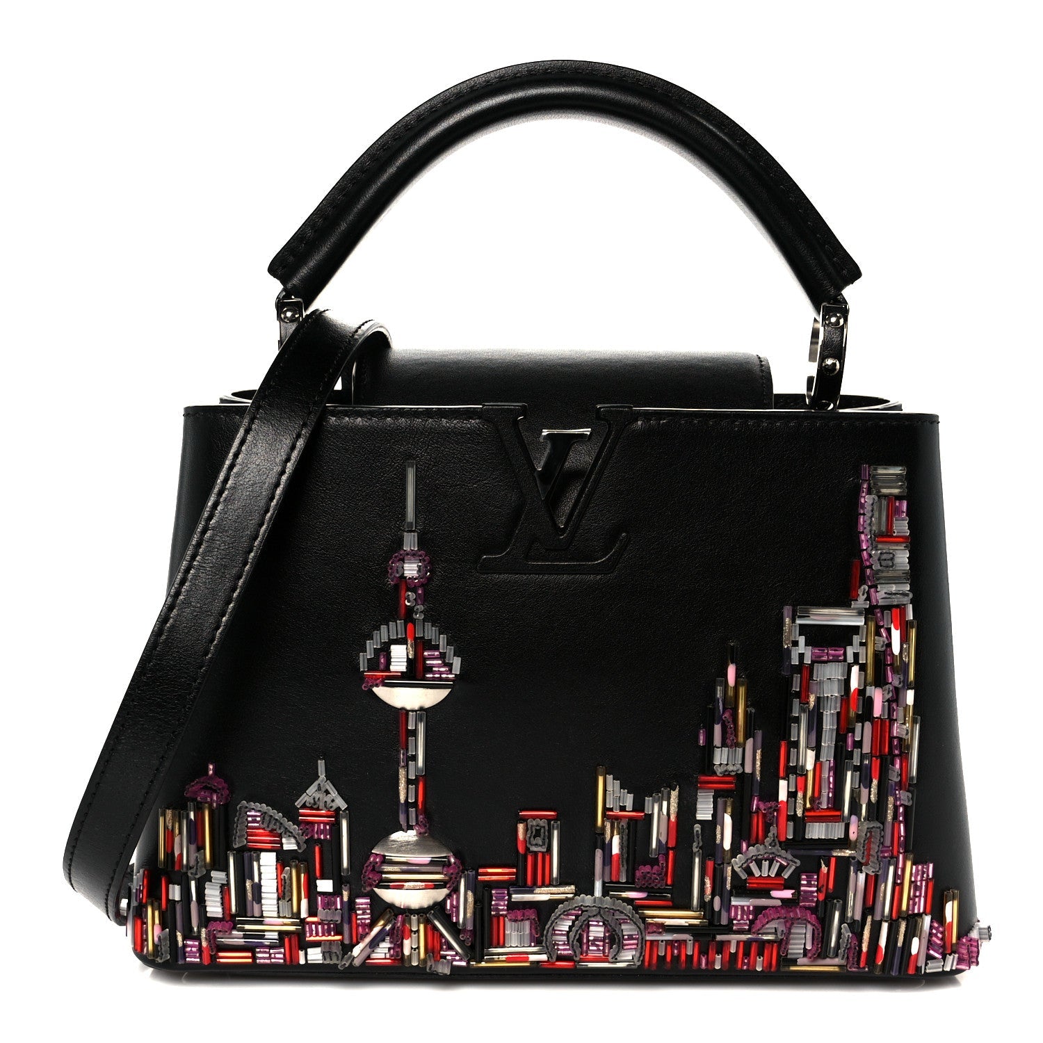 Louis Vuitton Calfskin Karung Beaded Shanghai Skyline Capucines BB Black