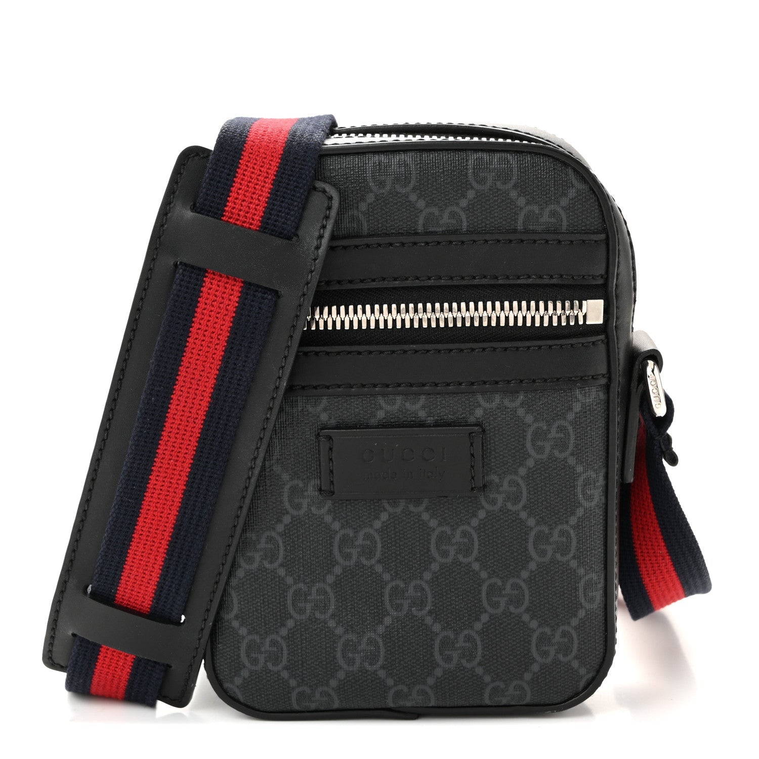 Gucci GG Supreme Monogram Appia Calfskin Web Small Camera Messenger Bag Black Grey