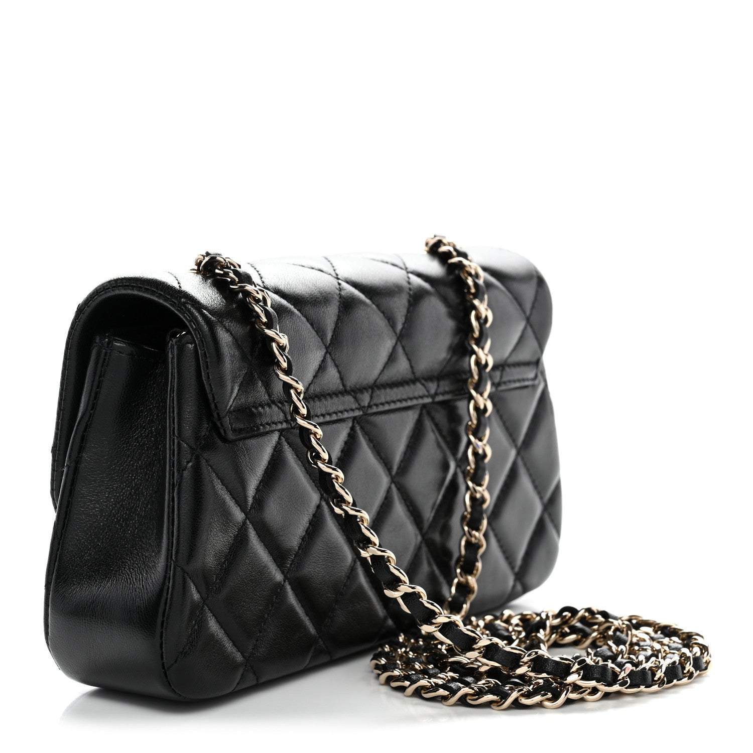 Chanel Lambskin Quilted Rectangular Phone Holder Clutch With Chain Black
