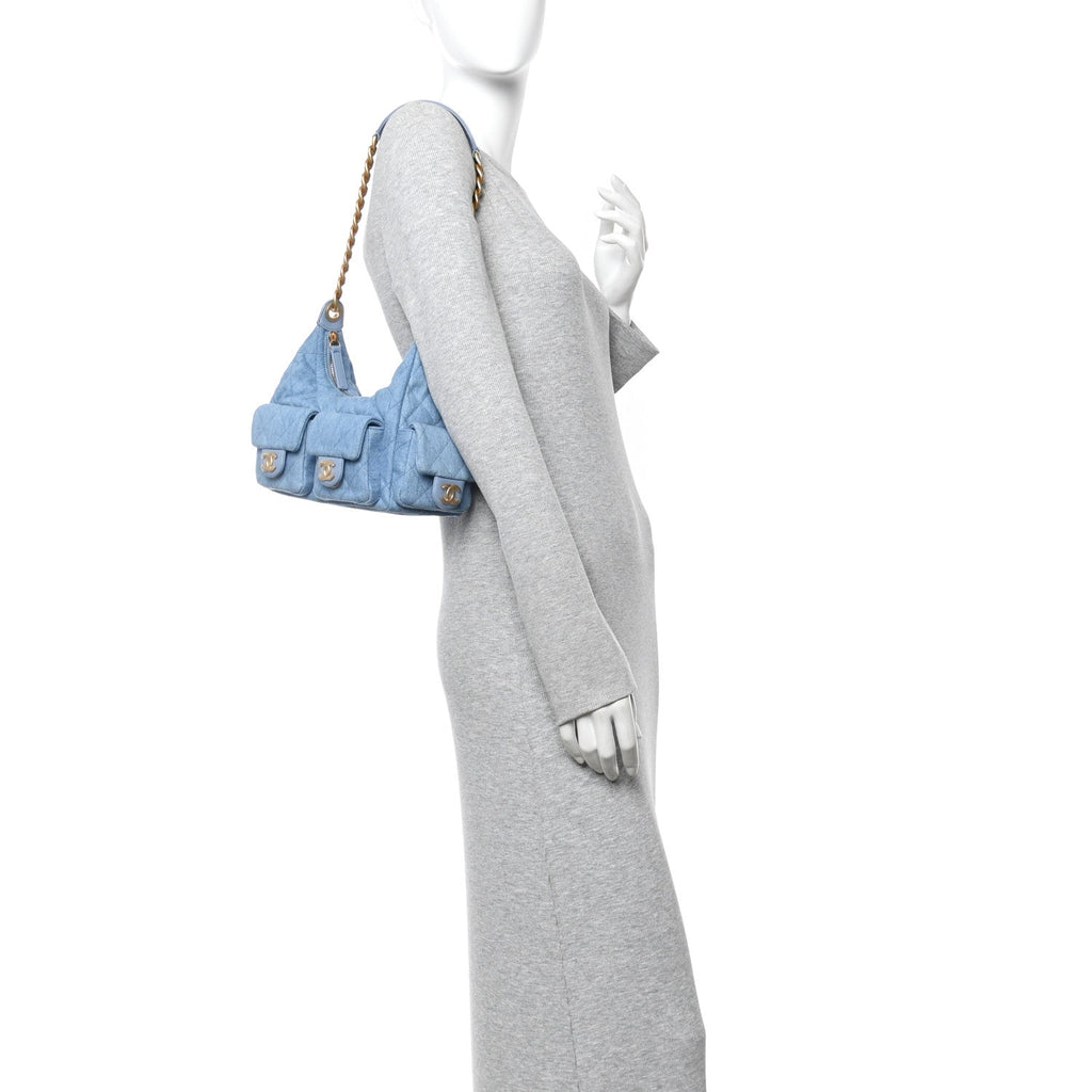 Chanel Washed Denim Quilted Large Trendy Pockets Hobo Blue