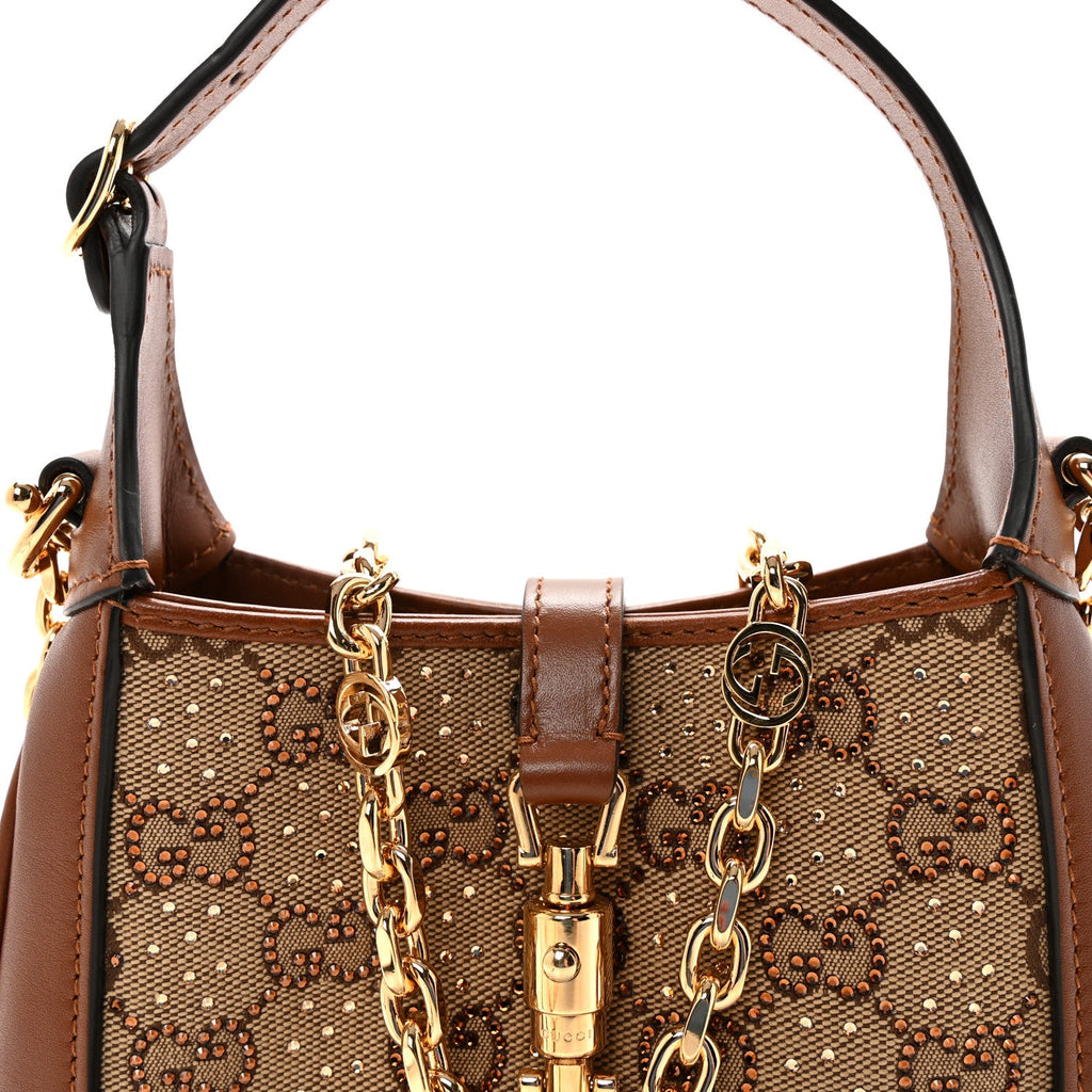 Gucci New Canvas Charisma Calfskin Crystal GG Monogram Mini Jackie 1961 Hobo Camel Ebony