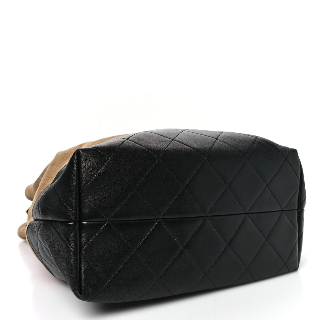 Chanel Suede Shiny Lambskin Quilted Large Shopping Bag Beige Black