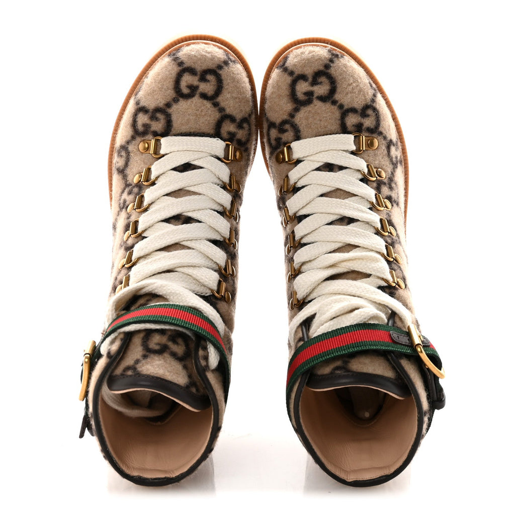 Gucci Covered Wool Big GG Monogram Womens Lace Up Combat Ankle Boots 36 Beige Ebony Cocoa