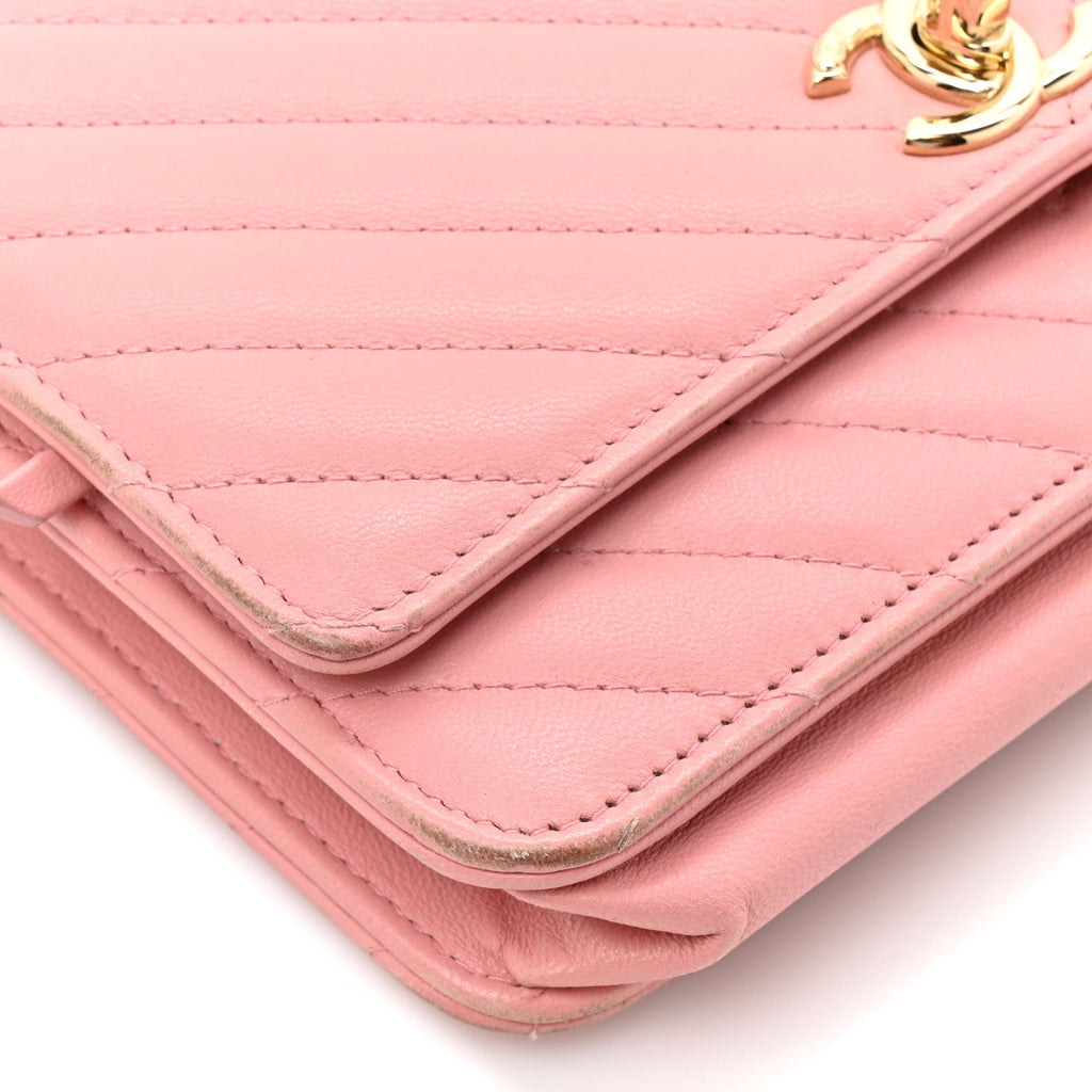 Chanel Lambskin Chevron Quilted Trendy CC Wallet On Chain WOC Pink