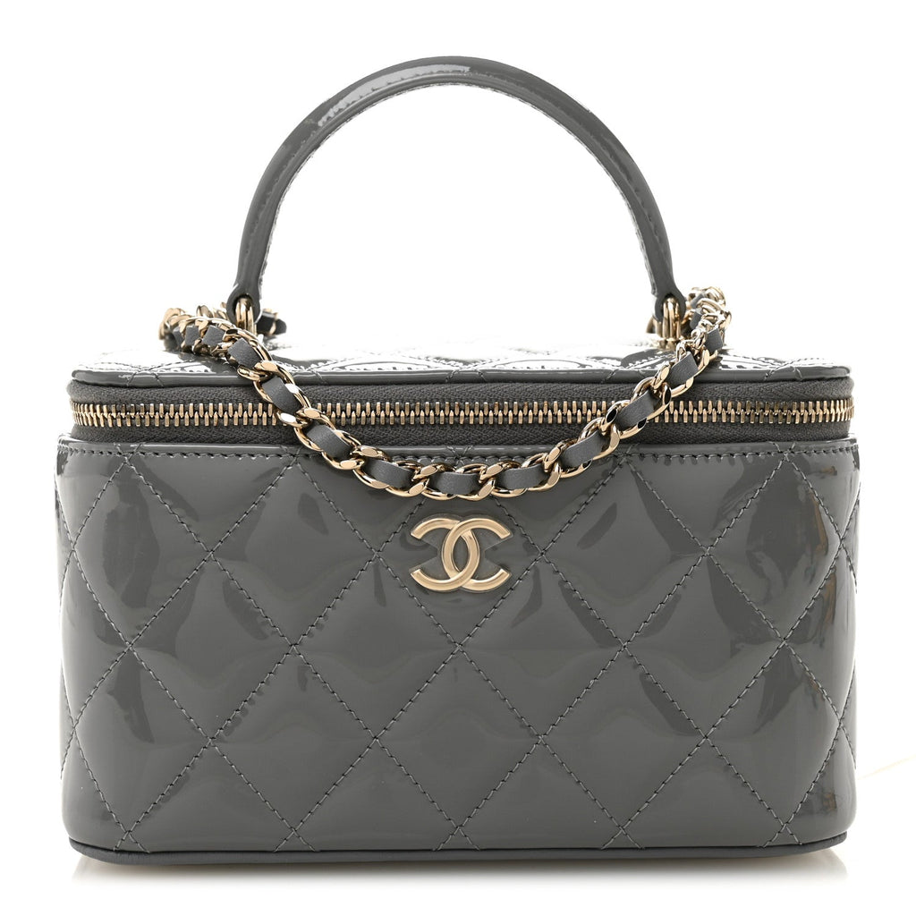 Chanel Patent Quilted Quilted Small Top Handle Vanity Case With Chain Grey