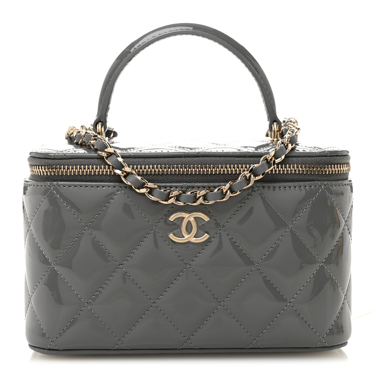 Chanel Patent Quilted Quilted Small Top Handle Vanity Case With Chain Grey