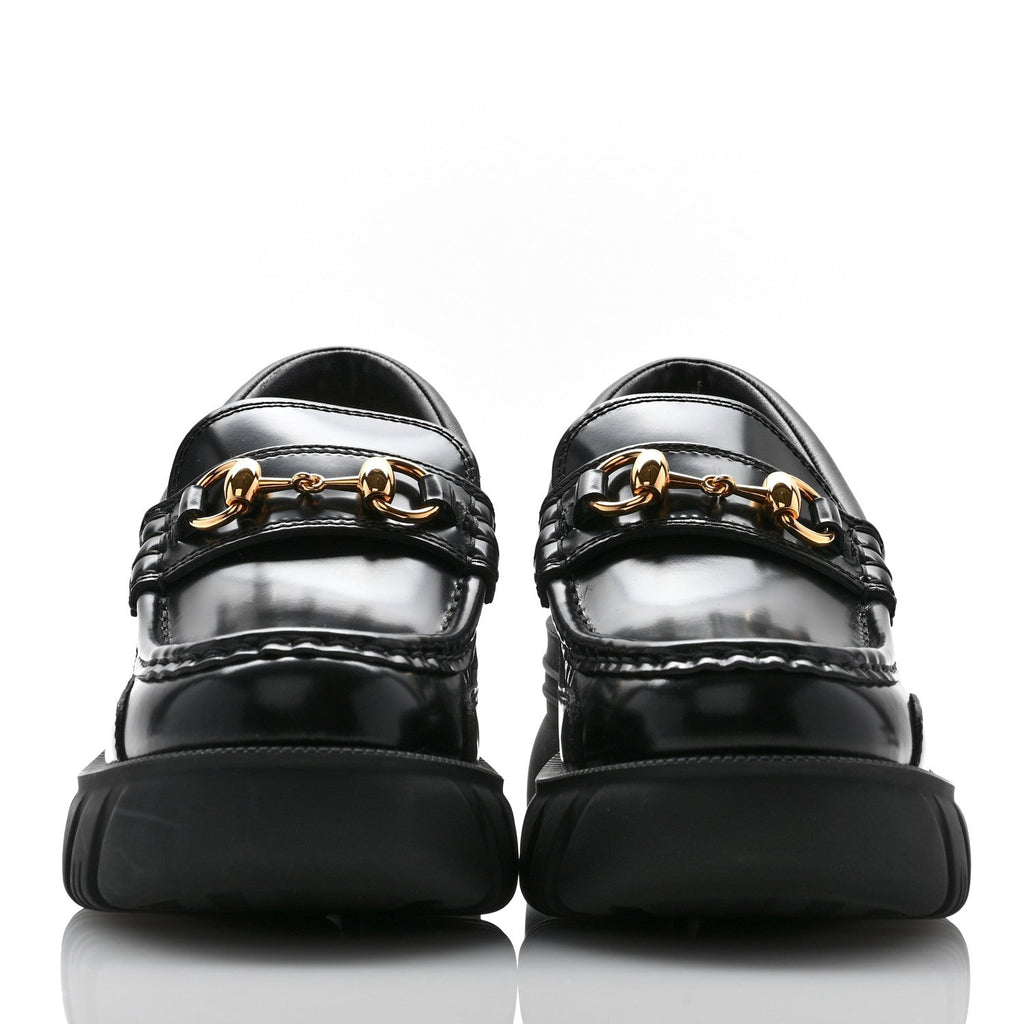 Gucci Magnum Calfskin Nappa Samoa Womens Horsebit Platform Chunky Lug Sole 40mm Loafers 35.5 Black