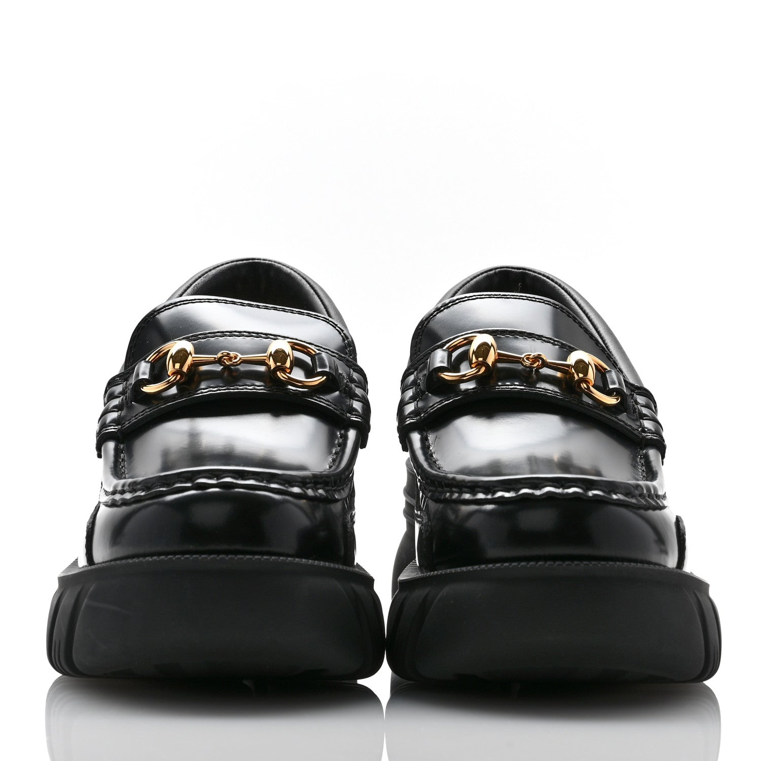 Gucci Magnum Calfskin Nappa Samoa Womens Horsebit Platform Chunky Lug Sole 40mm Loafers 35.5 Black