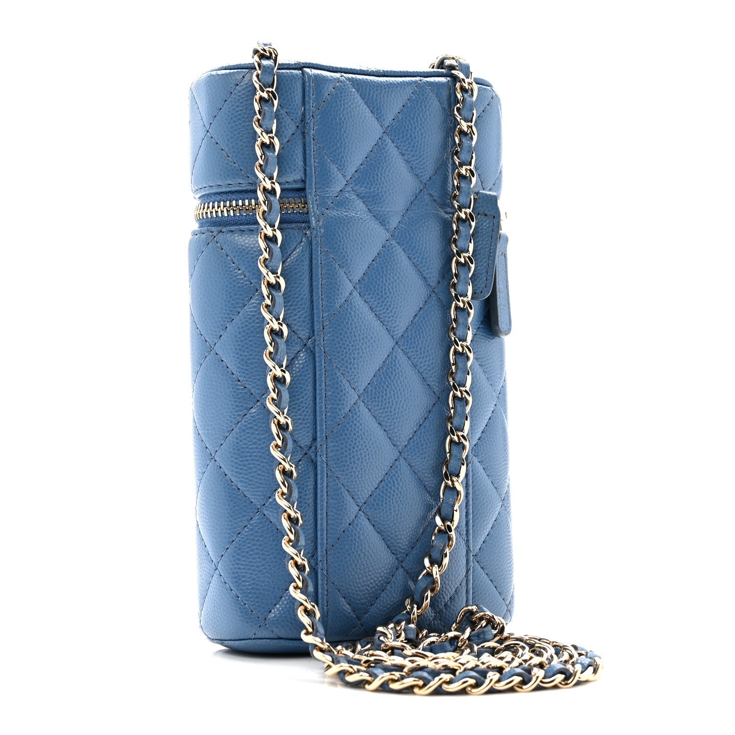 Chanel Caviar Quilted Phone Holder With Chain Blue