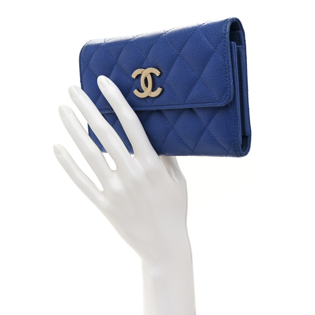Caviar Quilted Studded CC Medium Flap Wallet Blue Blue