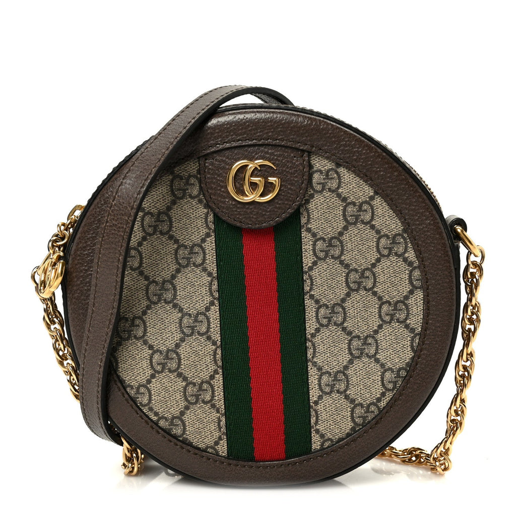 Gucci GG Supreme Monogram Web Mini Ophidia Round Shoulder Bag Brown