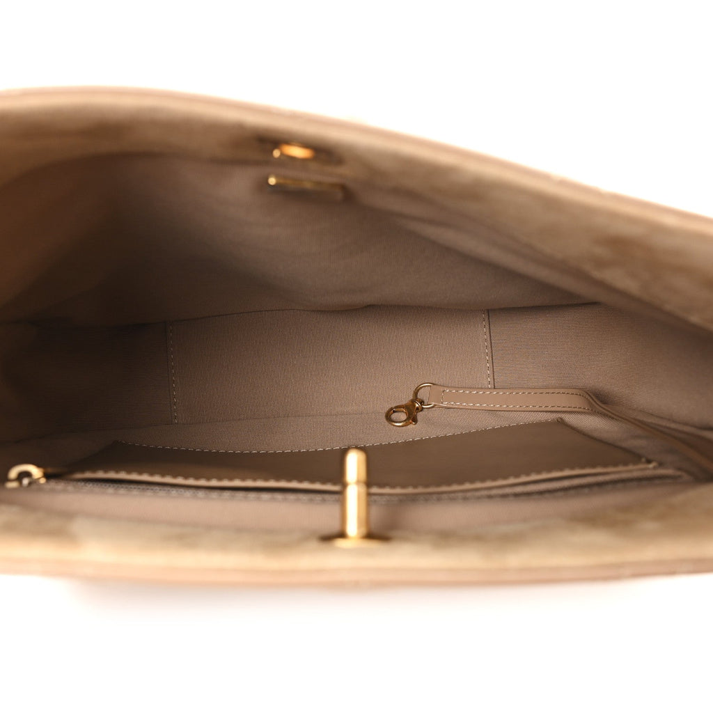 Chanel Shiny Calfskin Suede Goatskin Quilted Hobo Beige