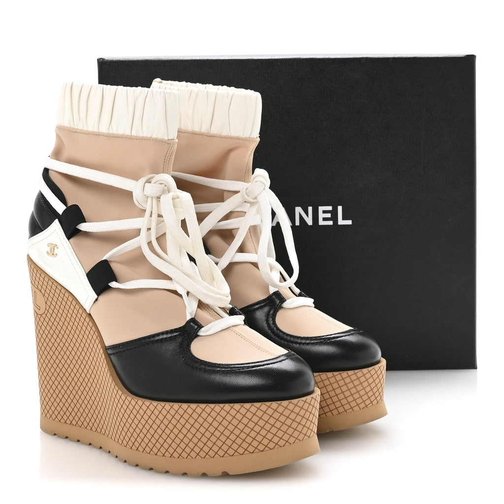 Fabric Lambskin Calfskin Runway Wedge Short Platform Boots 37 Black White Beige
