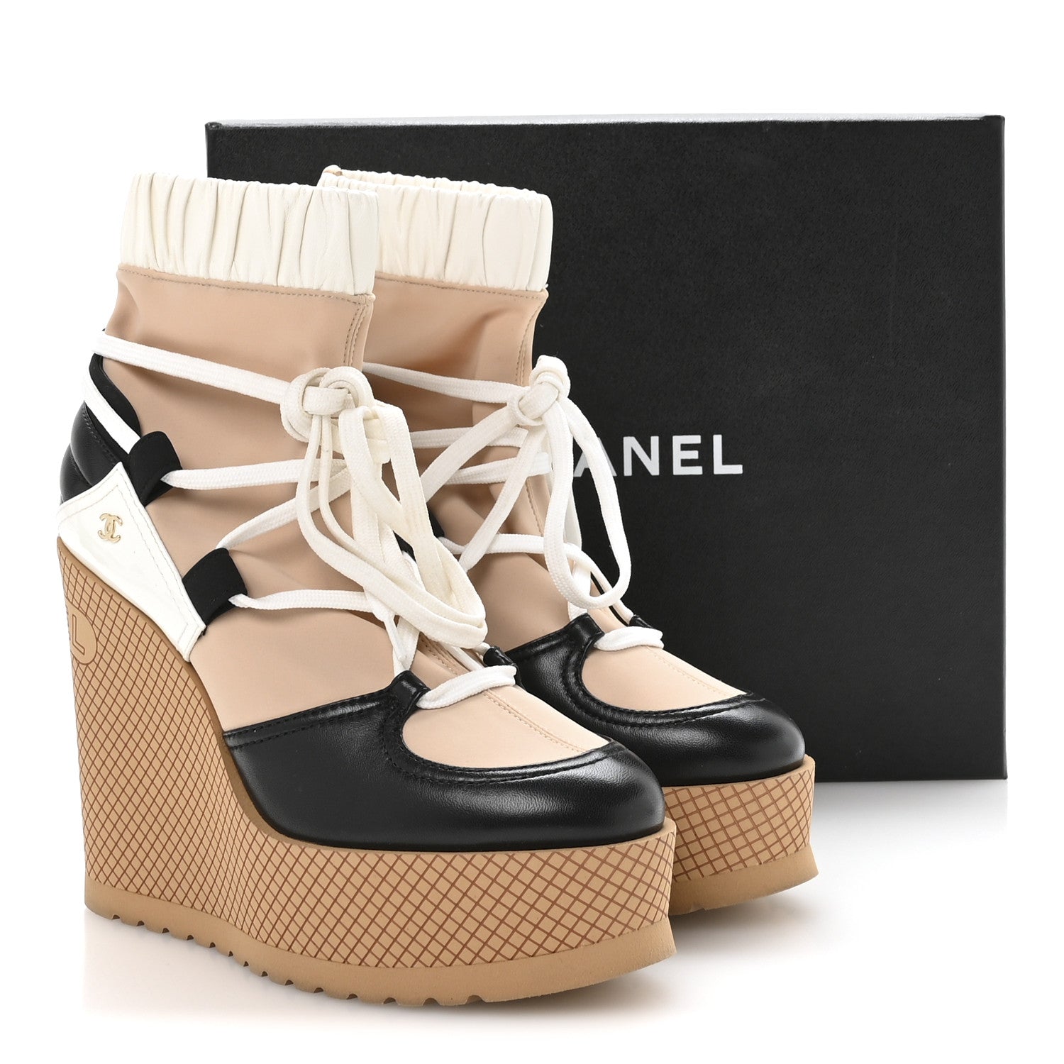 Fabric Lambskin Calfskin Runway Wedge Short Platform Boots 37 Black White Beige