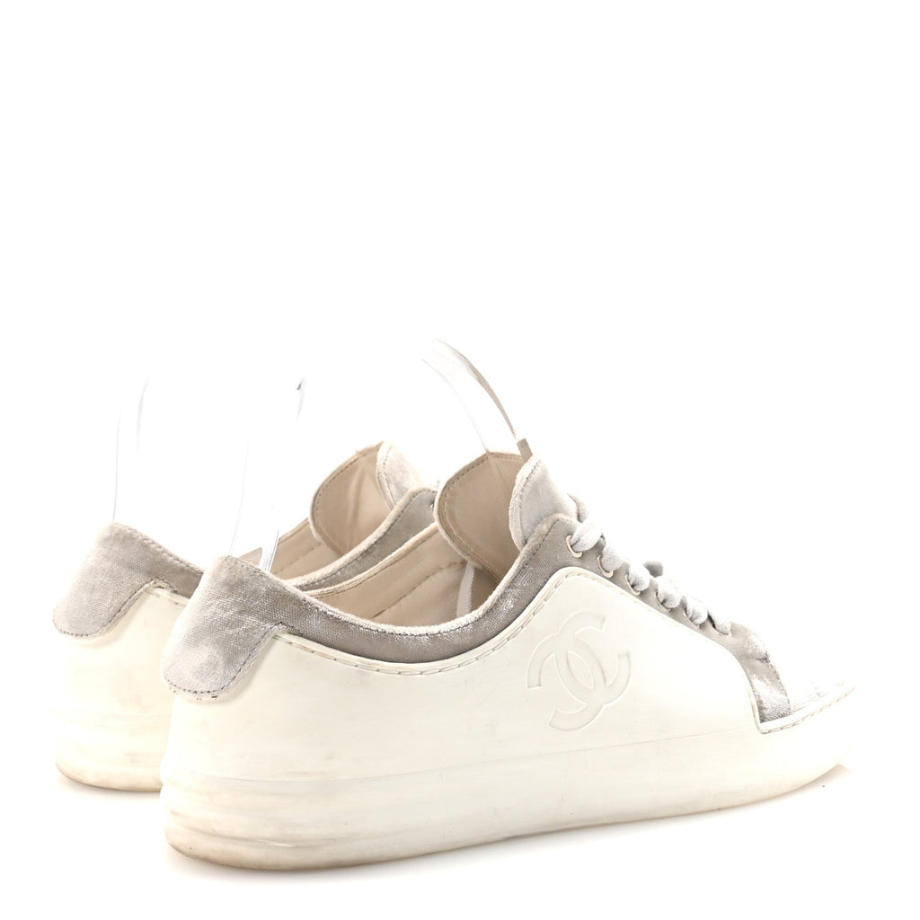 Calfskin Velvet Womens CC Sneakers 39.5 White Silver