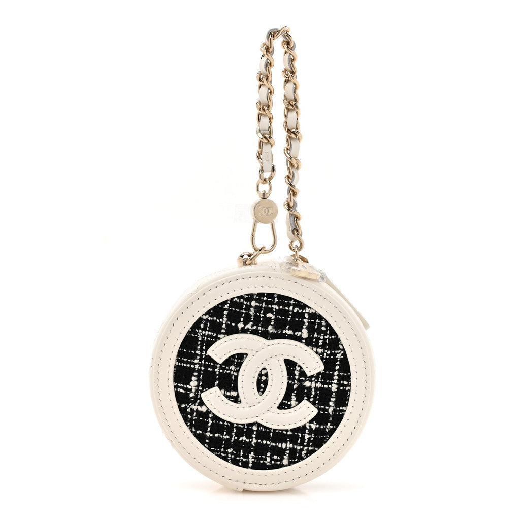Chanel Tweed Quilted Round Filigree Pouch With Chain White Black