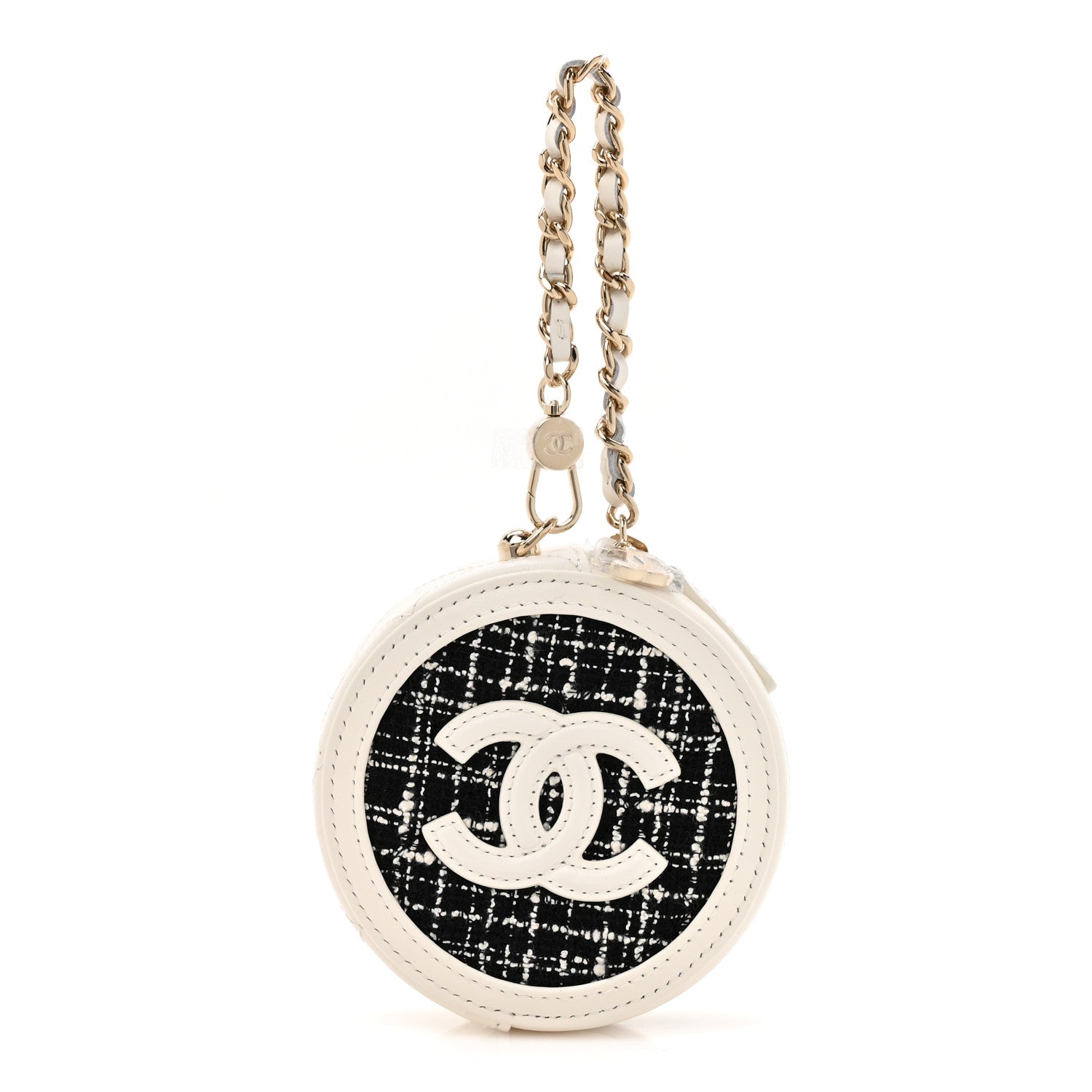 Chanel Tweed Quilted Round Filigree Pouch With Chain White Black
