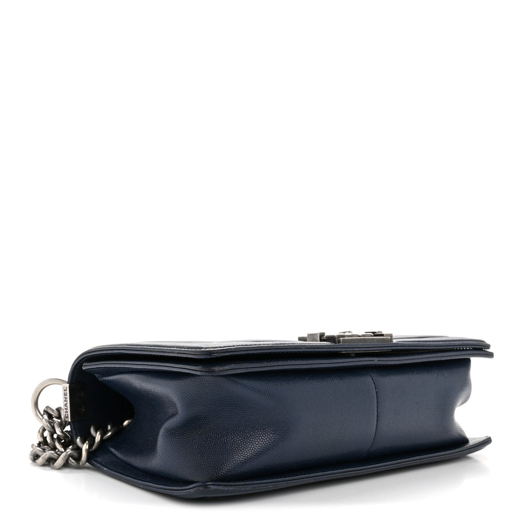 Chanel Caviar Chevron Quilted Medium Boy Flap Navy