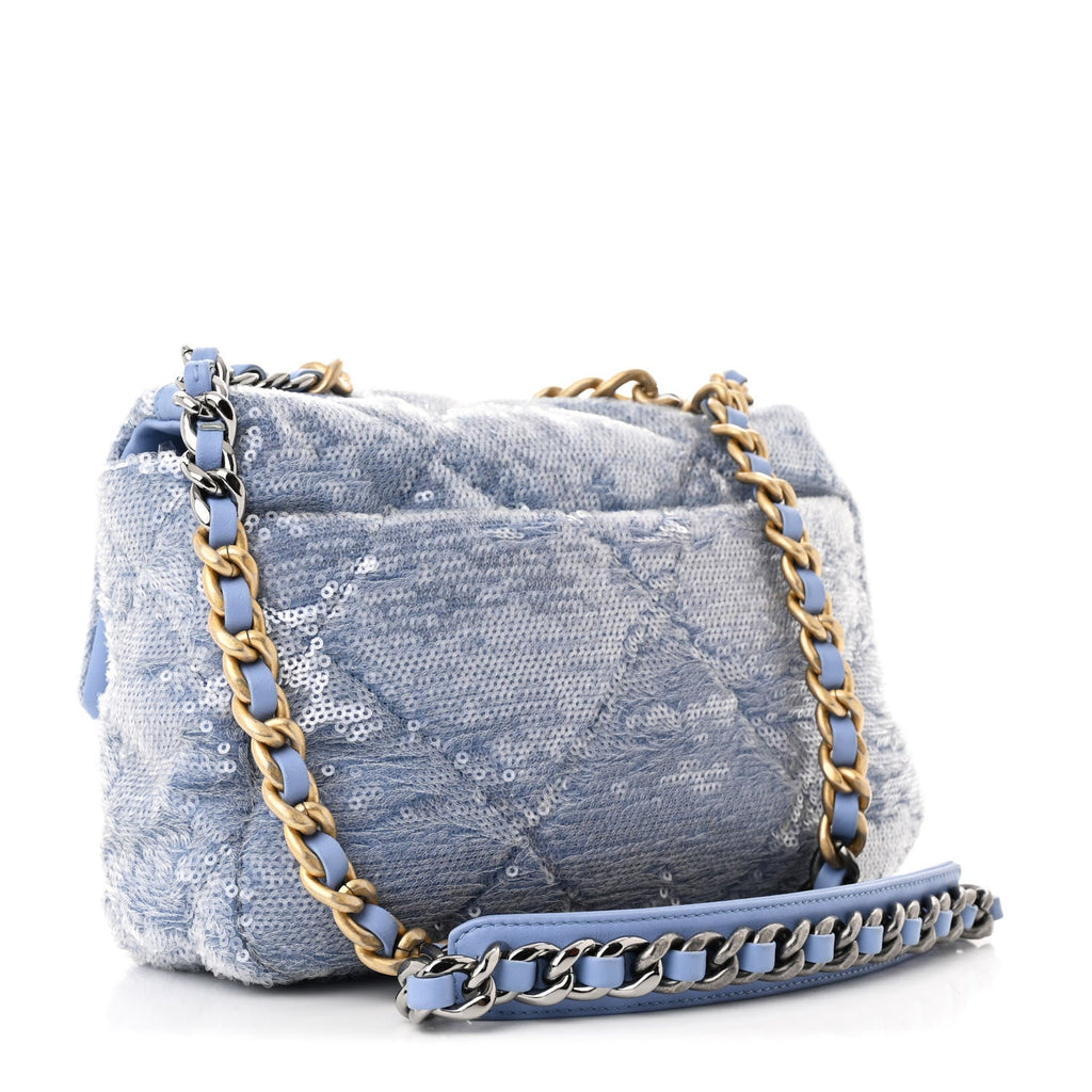 Chanel Sequin Quilted Medium Chanel 19 Flap Light Blue