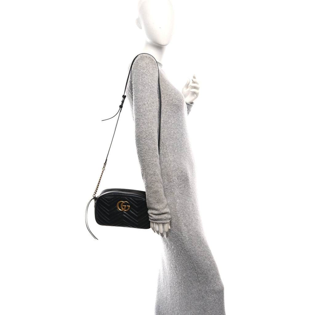 Gucci Calfskin Matelasse Small GG Marmont Chain Shoulder Bag Black