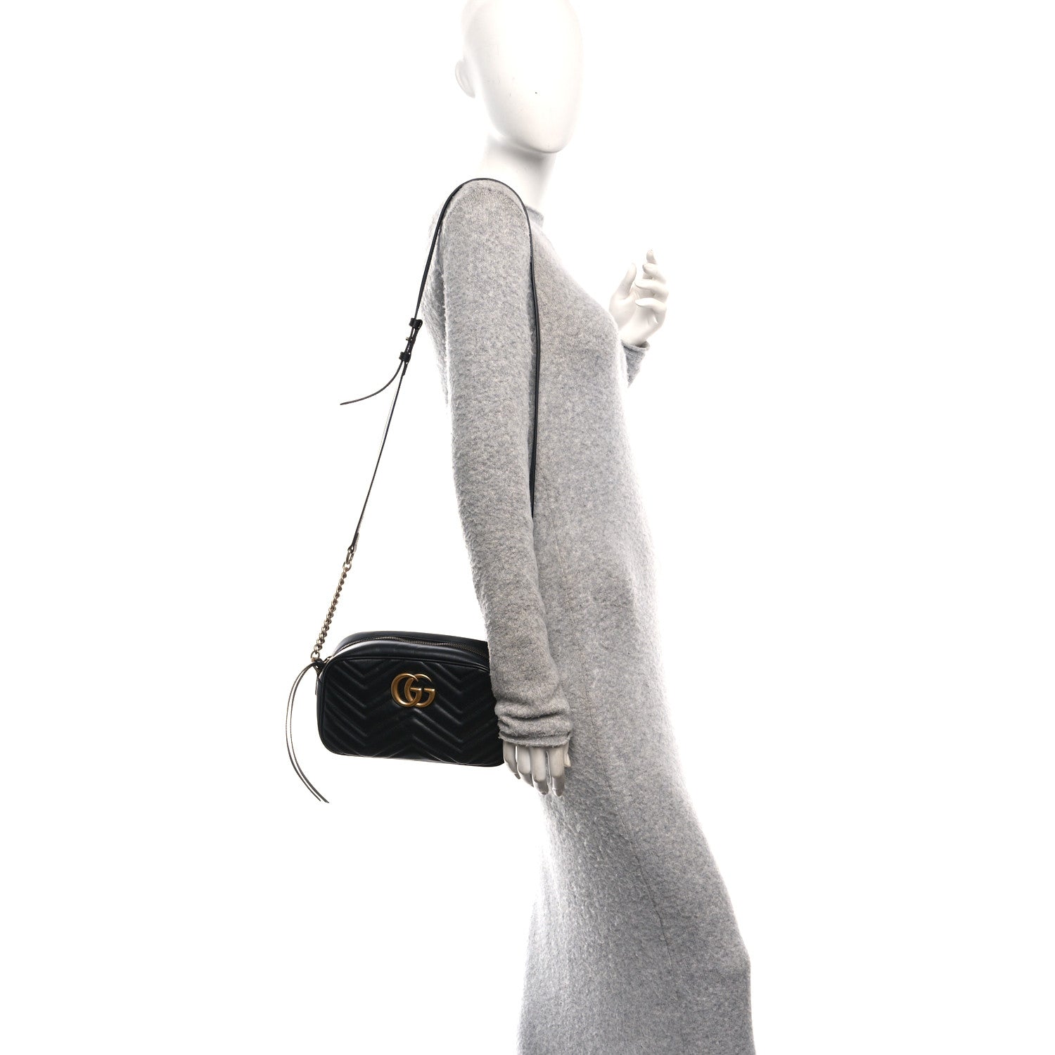 Gucci Calfskin Matelasse Small GG Marmont Chain Shoulder Bag Black