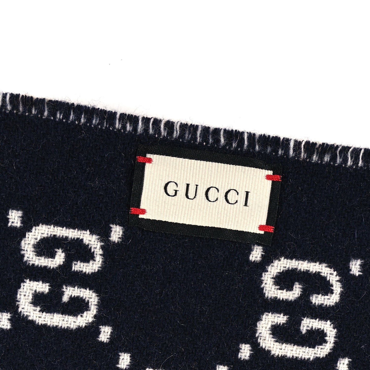 Gucci Wool GG Monogram Plaid Rise Reversible Fringe Scarf Midnight Blue Cream