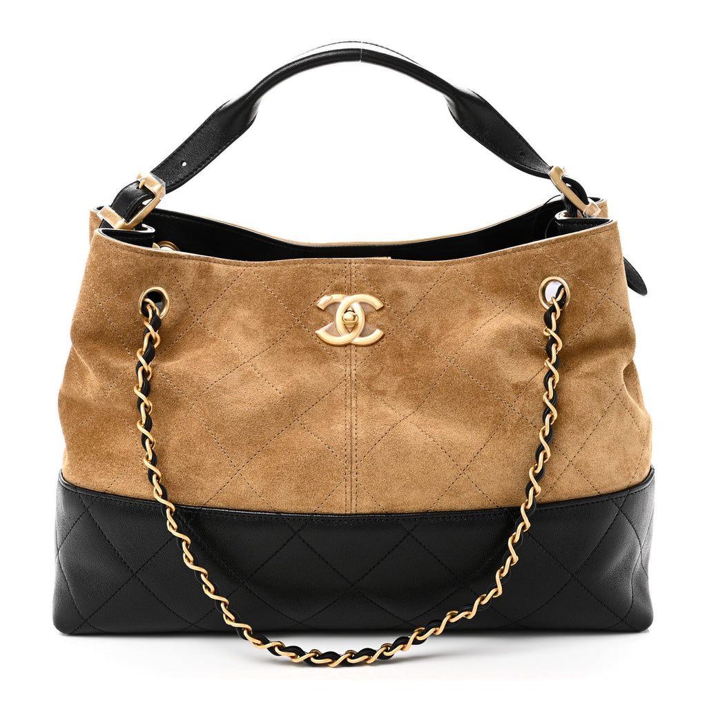 Chanel Suede Calfskin Shiny Lambskin Quilted Small Coco Base Shopping Bag Beige Black