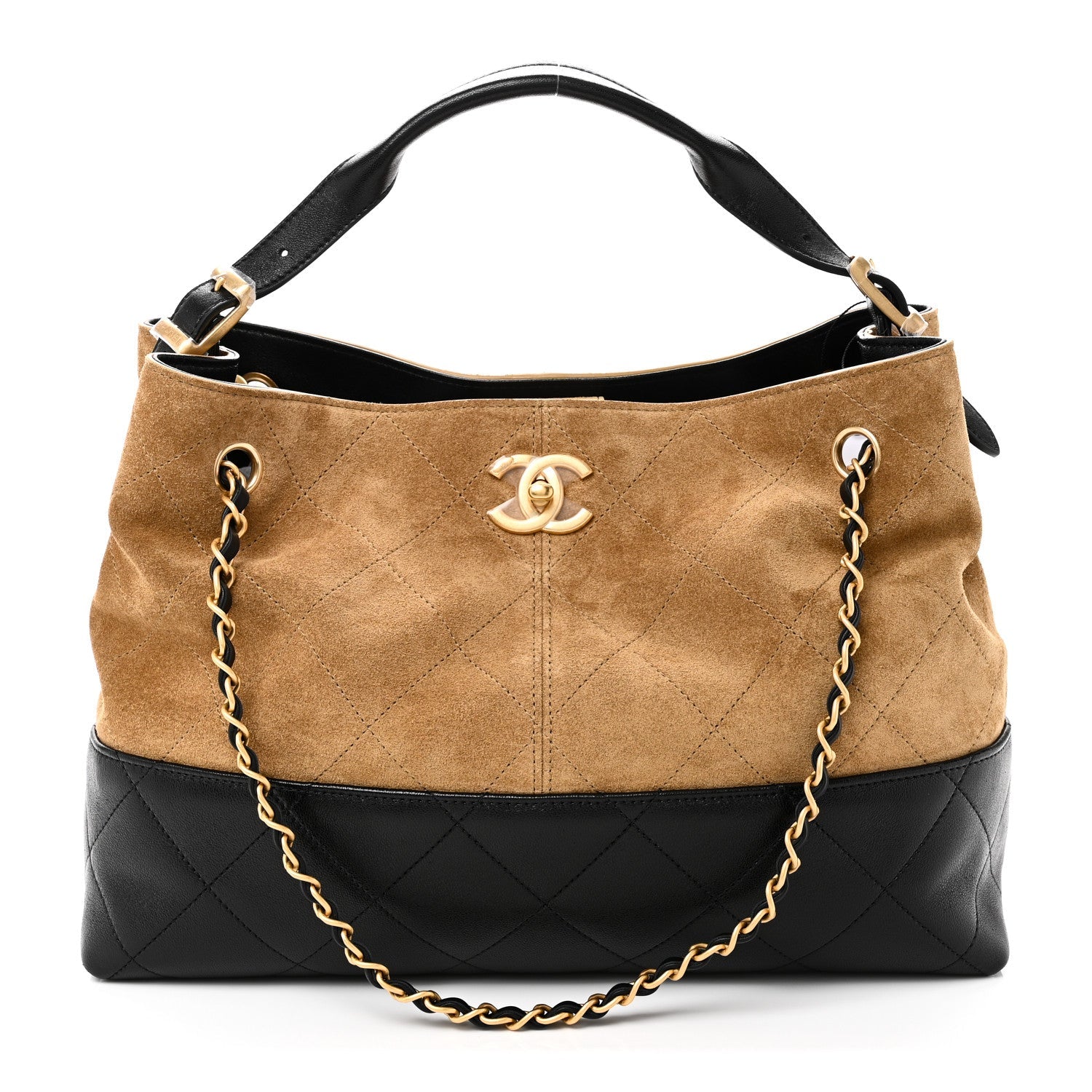 Chanel Suede Calfskin Shiny Lambskin Quilted Small Coco Base Shopping Bag Beige Black