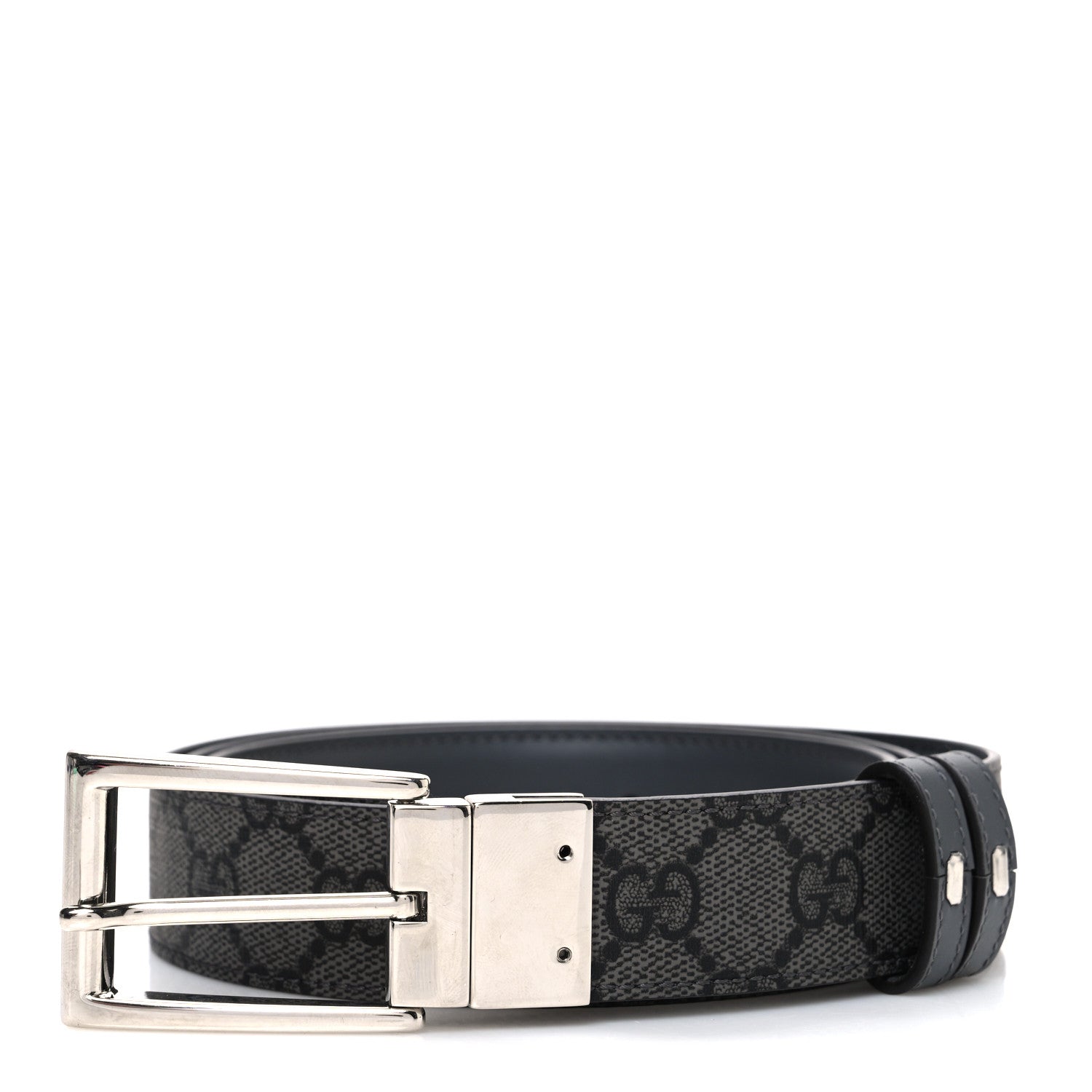 Gucci Selleria Calfskin GG Supreme Monogram Reversible Belt 90 36 Graphite Grey Black