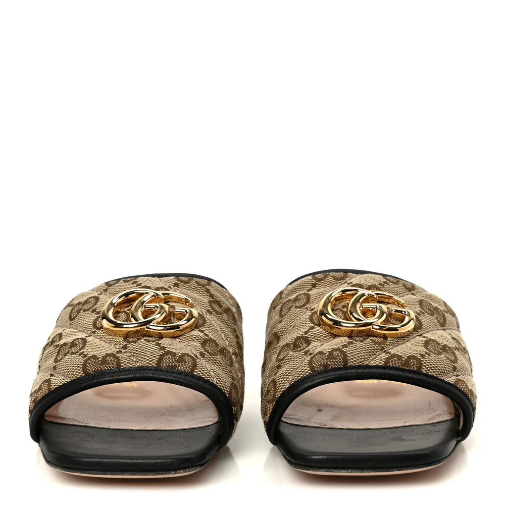 Gucci Monogram Matelasse Diagonal GG Marmont Flat Slide Sandals 35 Beige Ebony Black