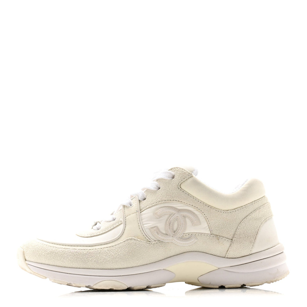Chanel Suede Calfskin Fabric CC Sneakers 39.5 White