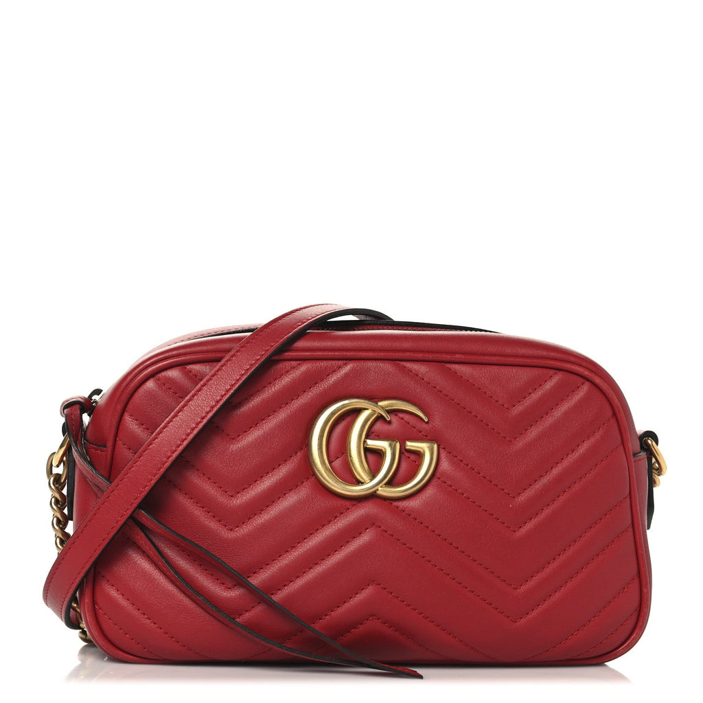 Gucci Calfskin Matelasse Small GG Marmont Chain Shoulder Bag Hibiscus Red