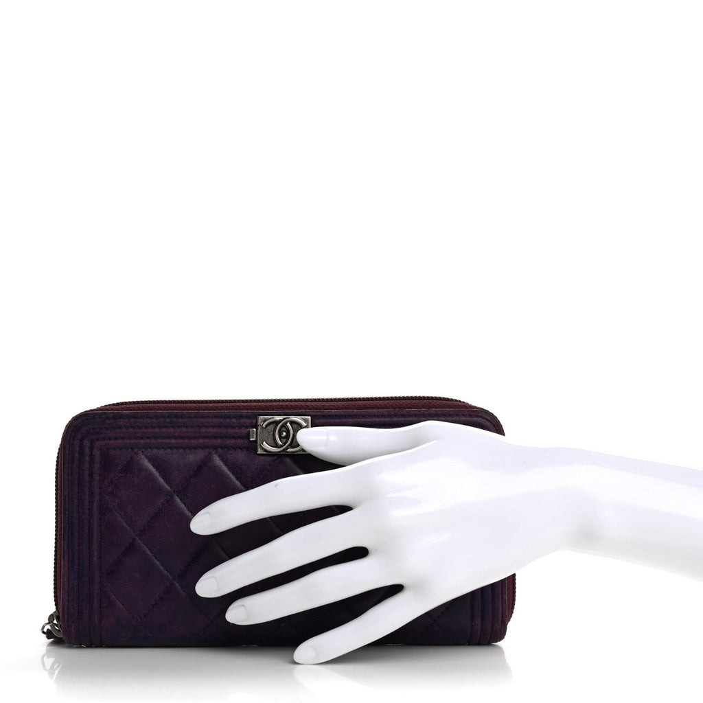 Lambskin Quilted Boy Zip Around Wallet Purple